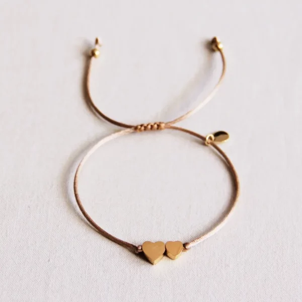Bracelet Satin Avec Petit et Grand Coeur - Taupe/Or