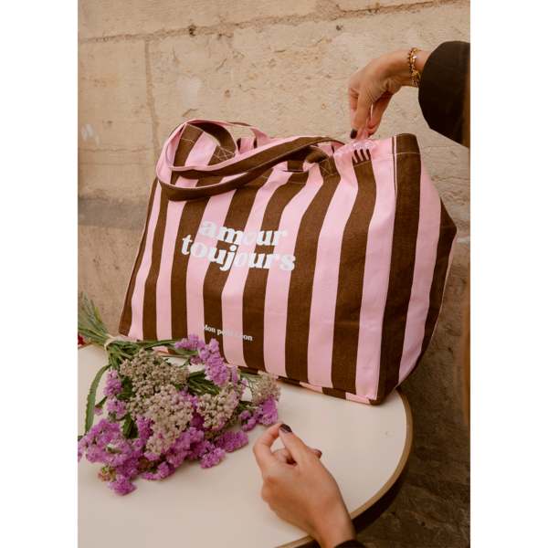 Cabas XXL rayé marron et rose amour toujours – Image 2