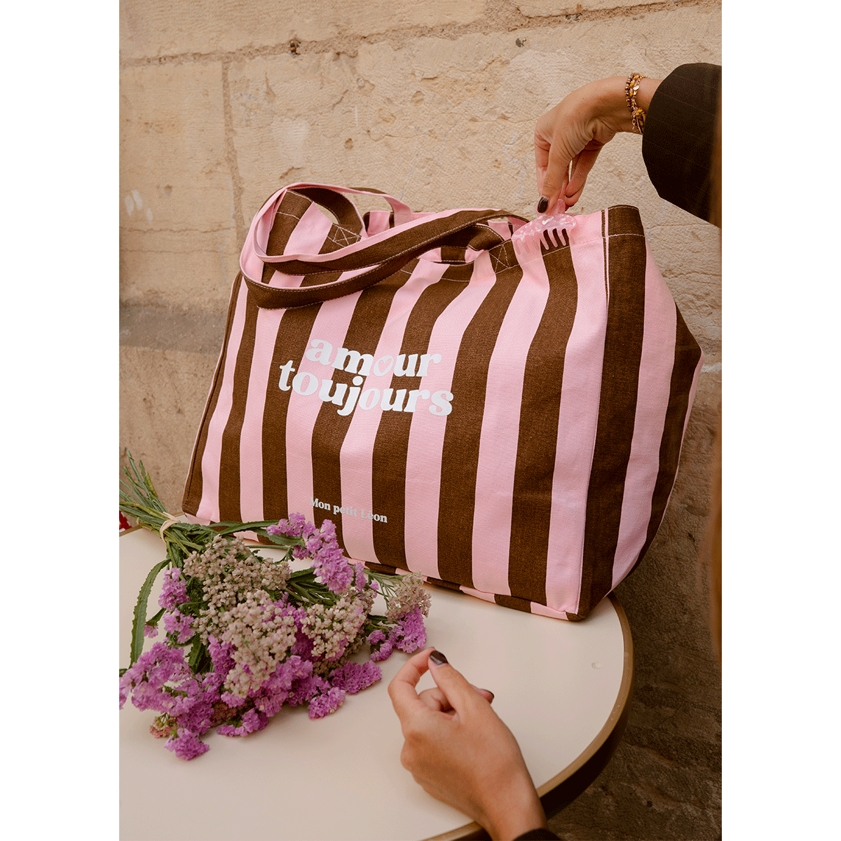 Cabas XXL rayé marron et rose amour toujours – Image 2